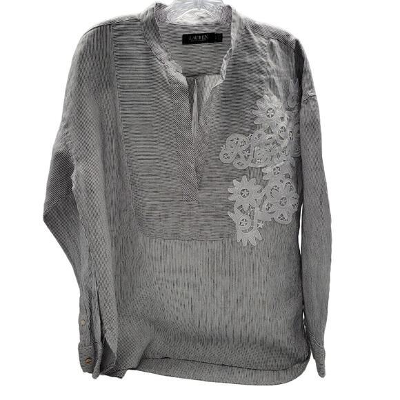 Lauren Ralph Lauren Linen LRL Monogram Applique Long Sleeve Blouse Womens Sz  LG - Picture 1 of 9